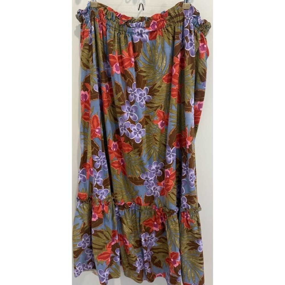 Hilo Hattie Hawaii Womens Cotton Maxi Skirt Ruffle Edge Floral Flat Elastic 2XL